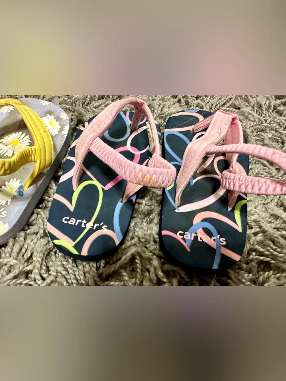 Carter's Navy Flip Flops with Pink Straps and Multicolor Heart Loops